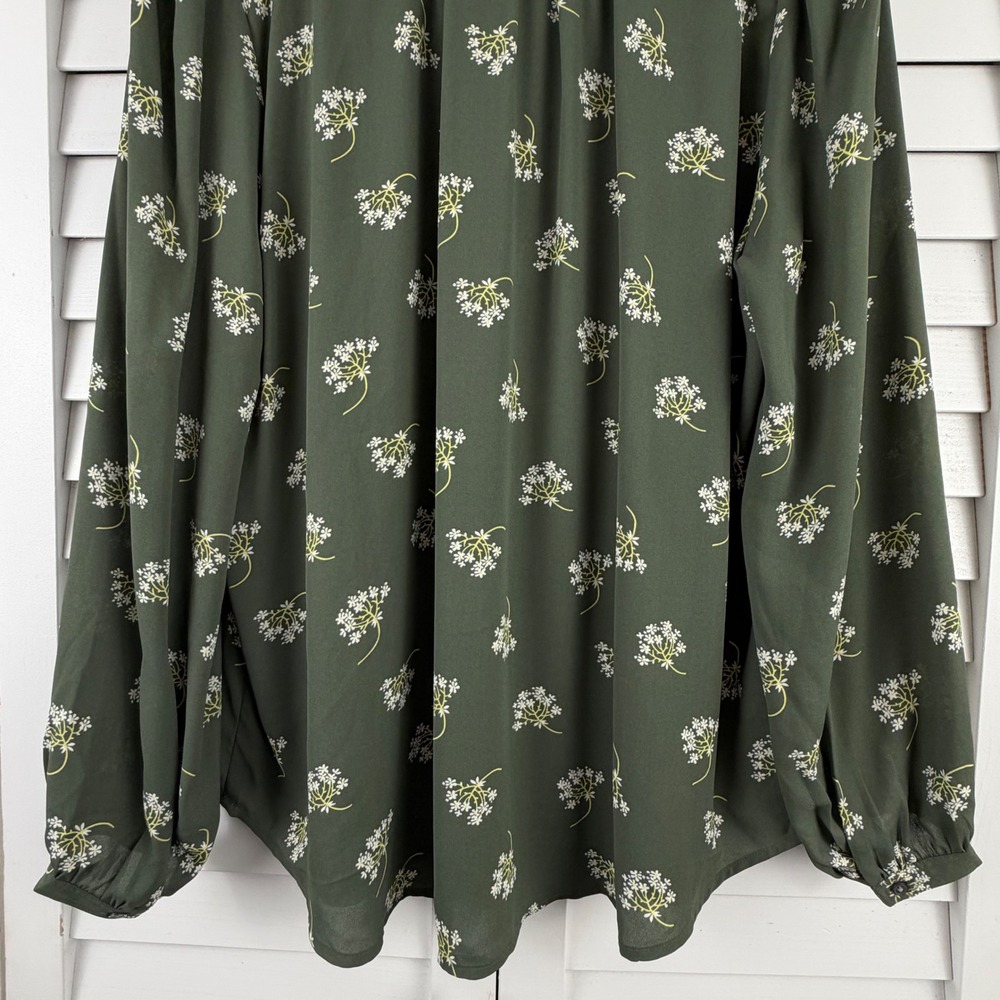 LOFT Blouse XL Green Floral Smocked Ruffle Neck Long Sleeve NEW - Picture 11 of 15